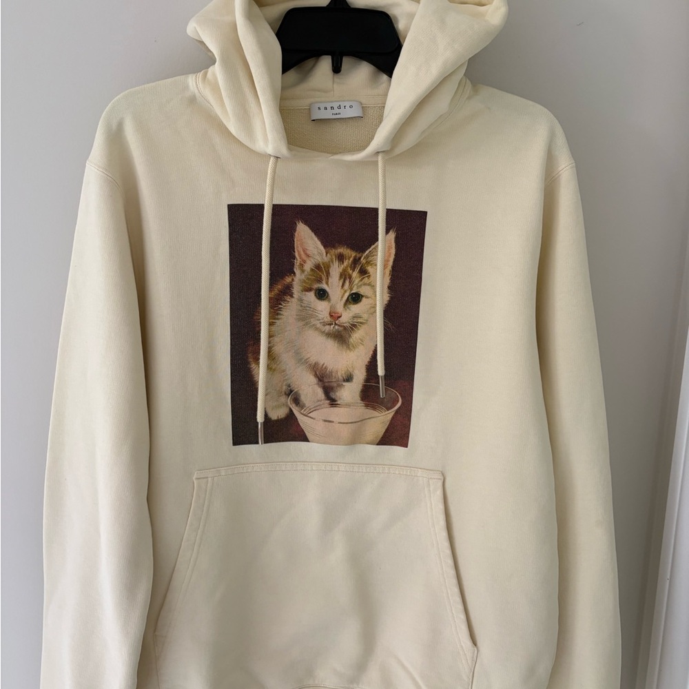Sandro Cream Hoodie with Kitten Print